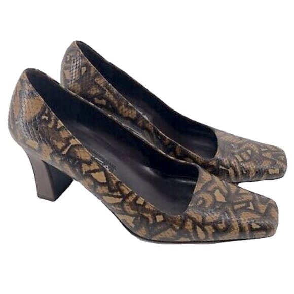 💜🤑 VIA SPIGA Brown Python Print Square Toe Womens 10.5M Heels Pumps Shoes - Picture 1 of 8